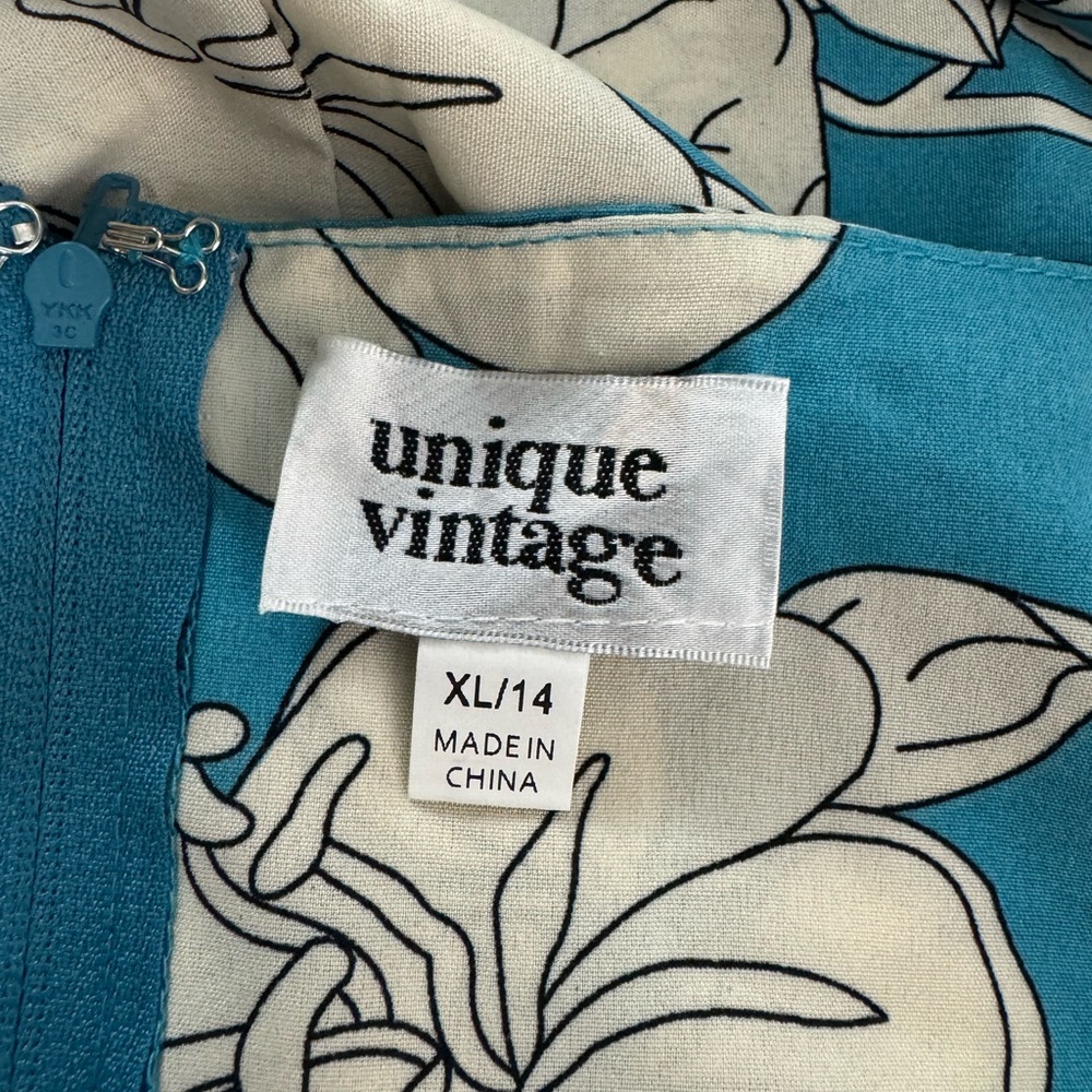 Unique Vintage Retro Blue White Hawaiian Floral A-Line Halter Dress Size XL 14. - Picture 7 of 11